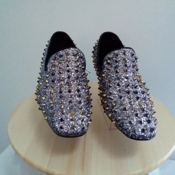 $170  Mens Loafer DRESS Shoes Spikes Glitter Black Gold Slip On Size 10 Fiesso main image 5